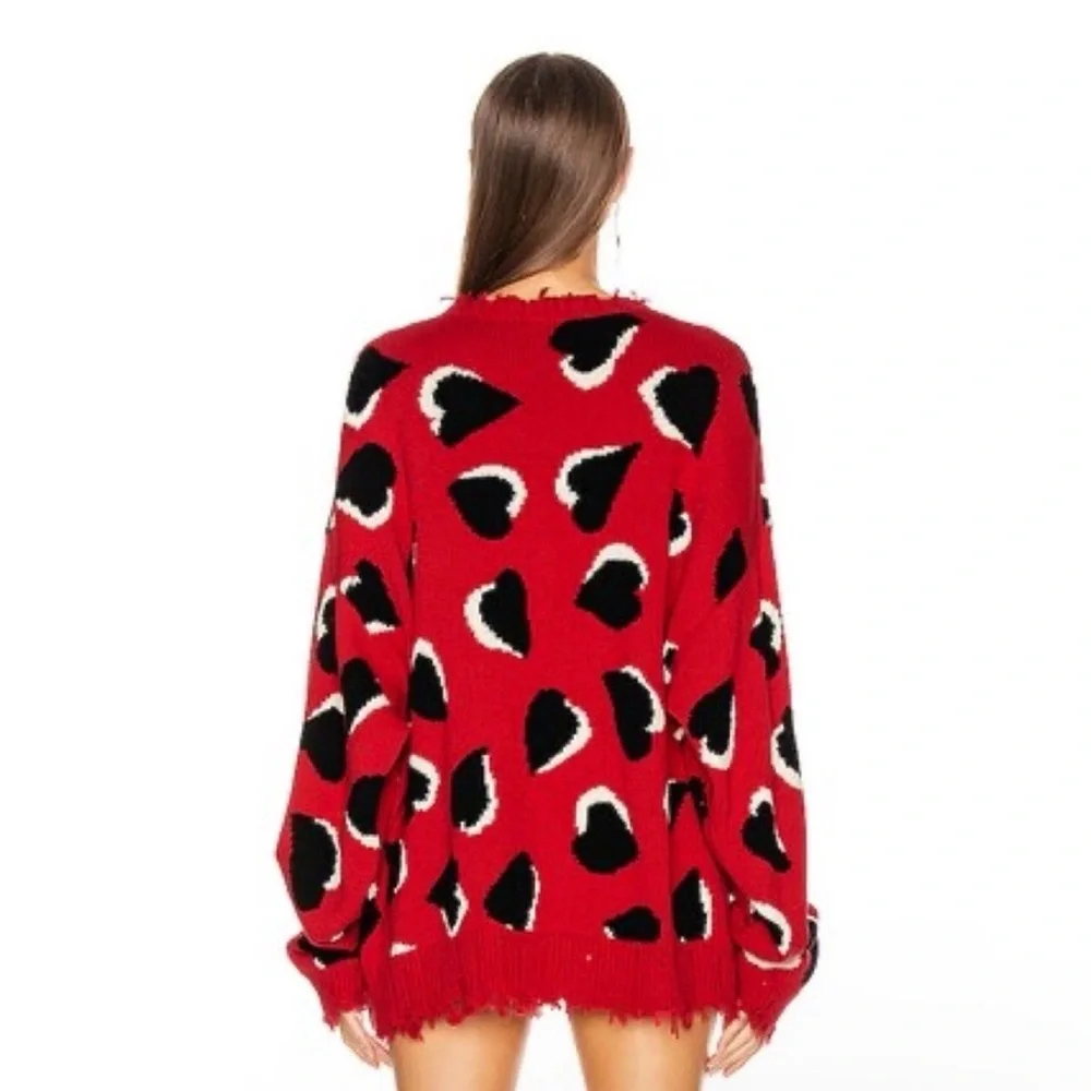 R13 Hearts Oversized Sweater Crew Pullover Distressed Punk Street Intarsia Red M - Picture 3 of 8